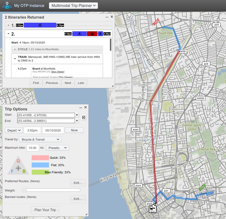 Screenshot of a map showing a route from DoES Liverpool to Bootle, in three sections: first by bike down to Moorfields station; then by train to Kirkdale; and finally back on the bike into Bootle