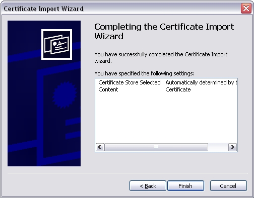 Certificate Import Wizard completing dialog