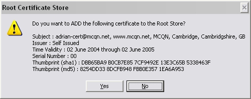 Root Certificate Store prompt